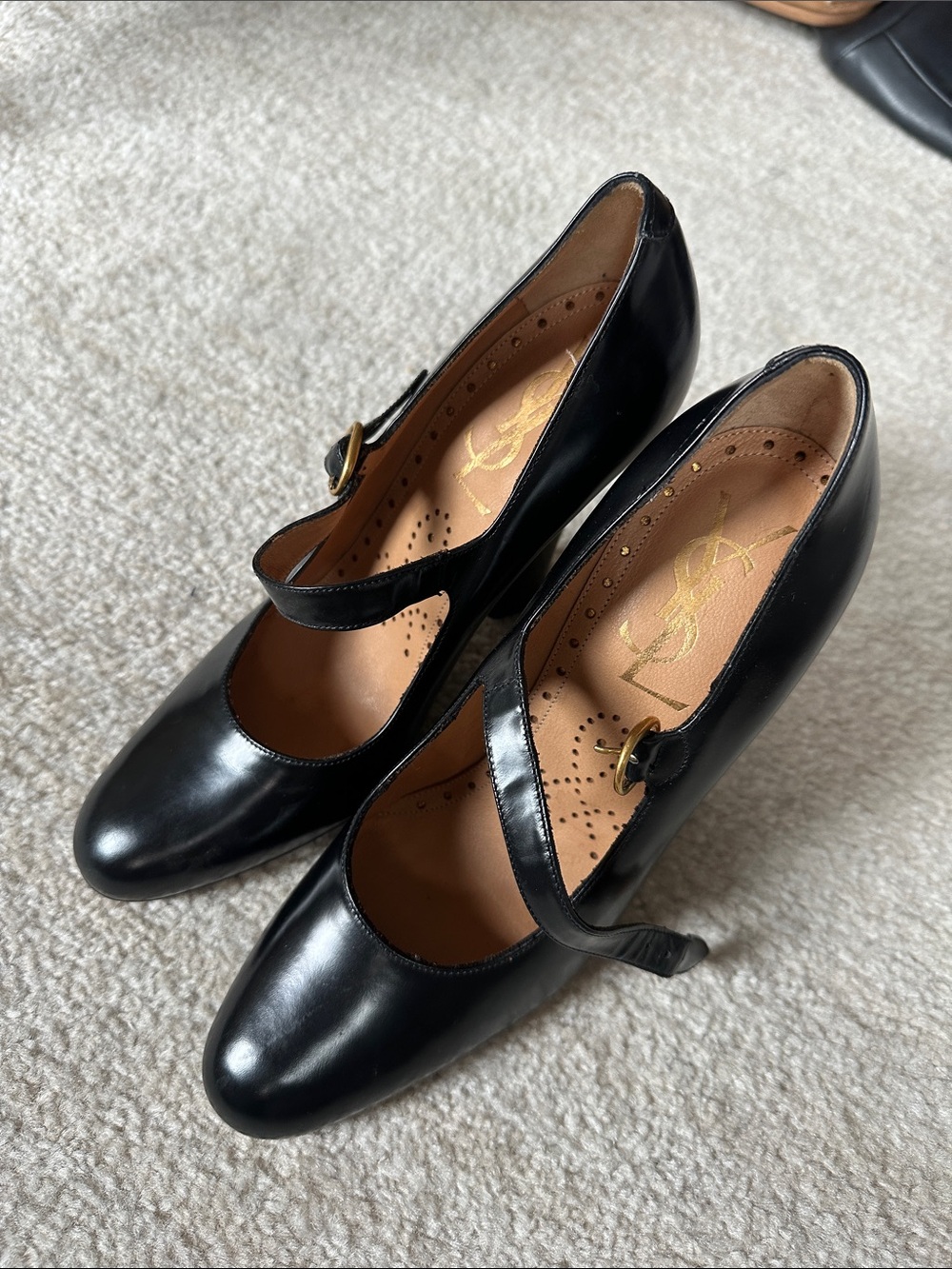 Yves Saint Laurent Black Leather Mary Jane Pumps with Gold Buckle